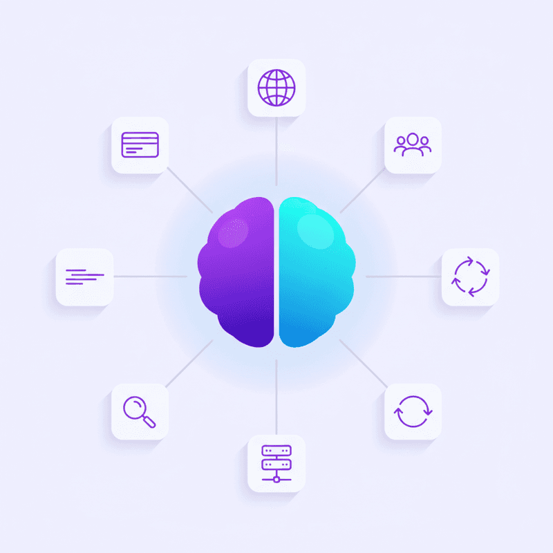 A central knowledge hub connected to a business's website, CRM, automations, infrastructure, SEO, and payments systems